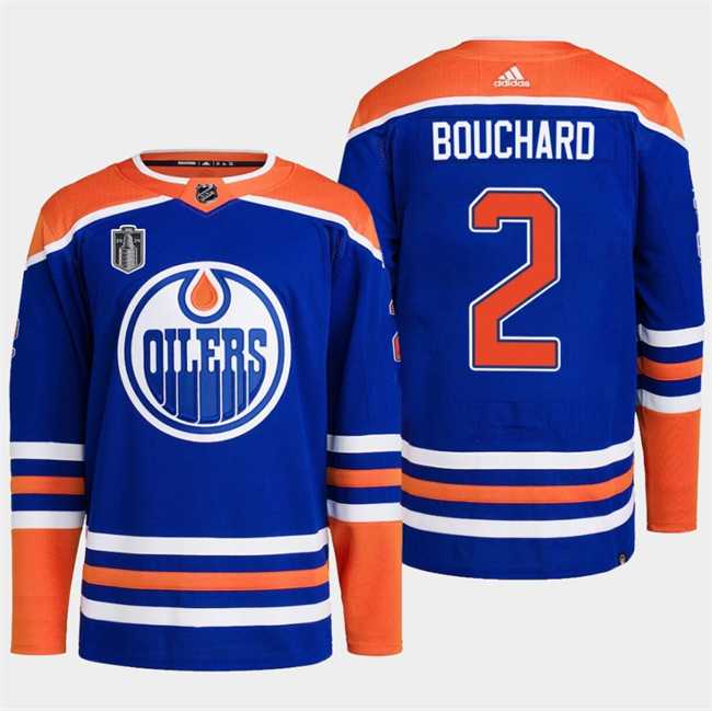 Mens Edmonton Oilers #2 Evan Bouchard Royal 2024 Stanley Cup Final Patch Stitched Jersey Dzhi